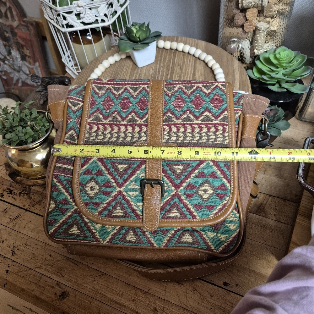 Myra Bag Western Leather Shoulder Canvas Crossbody Electric Ice Turquoise Brown - Picture 9 of 16